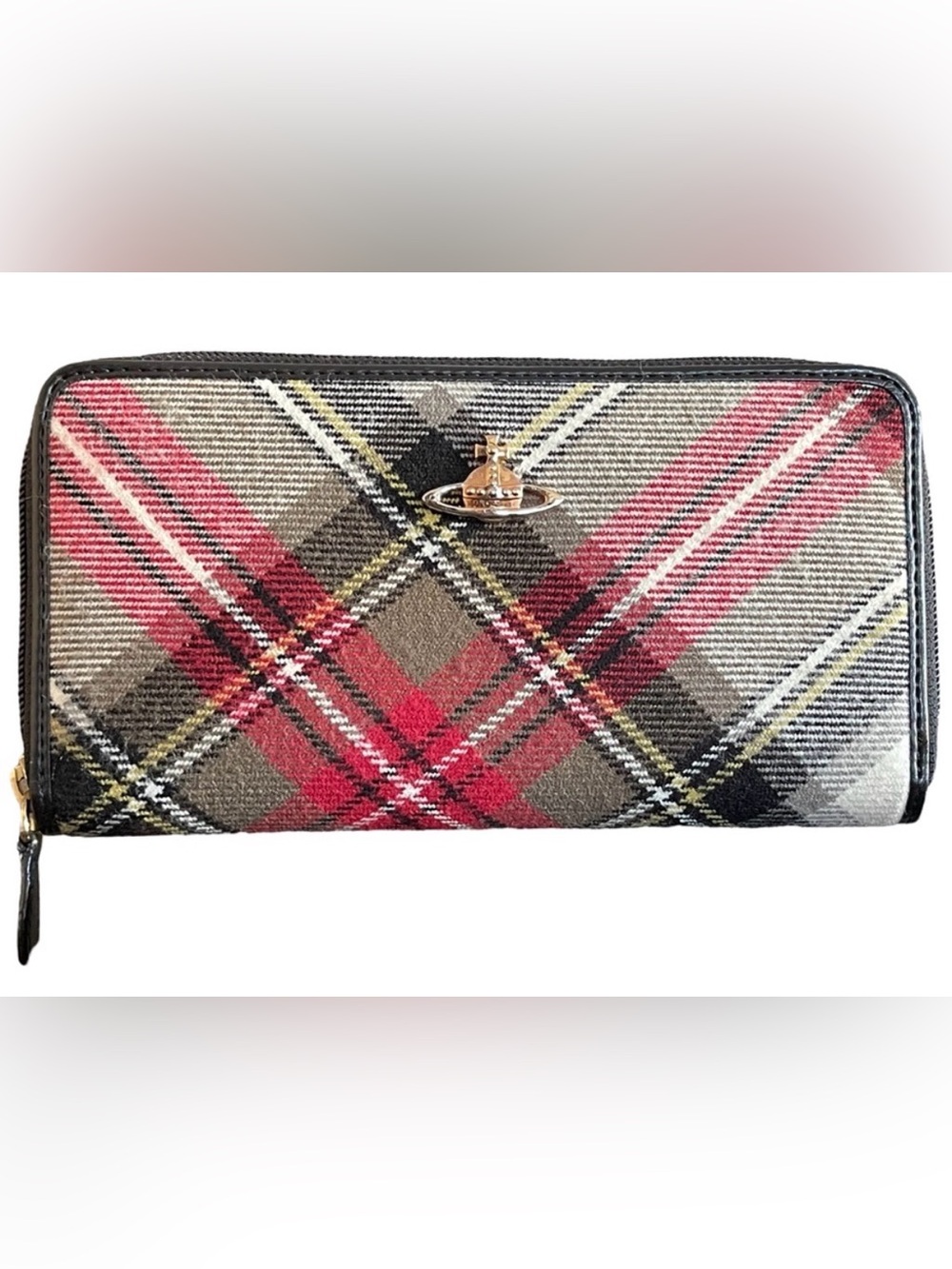 Vivienne Westwood Tartan Zipper Wallet with Iconic Gold Orb Accent